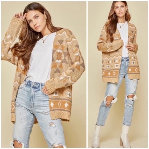 Sweaters - Taupe Gray Boho Aztec Open Cardigan Sweater